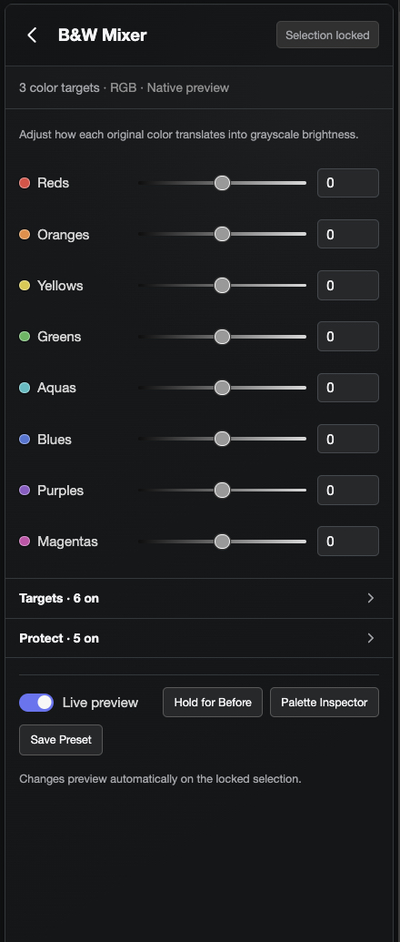 Black and White Mixer with source hue family sliders