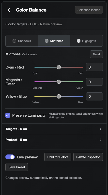 Color Balance tool set to Midtones with Preserve Luminosity enabled