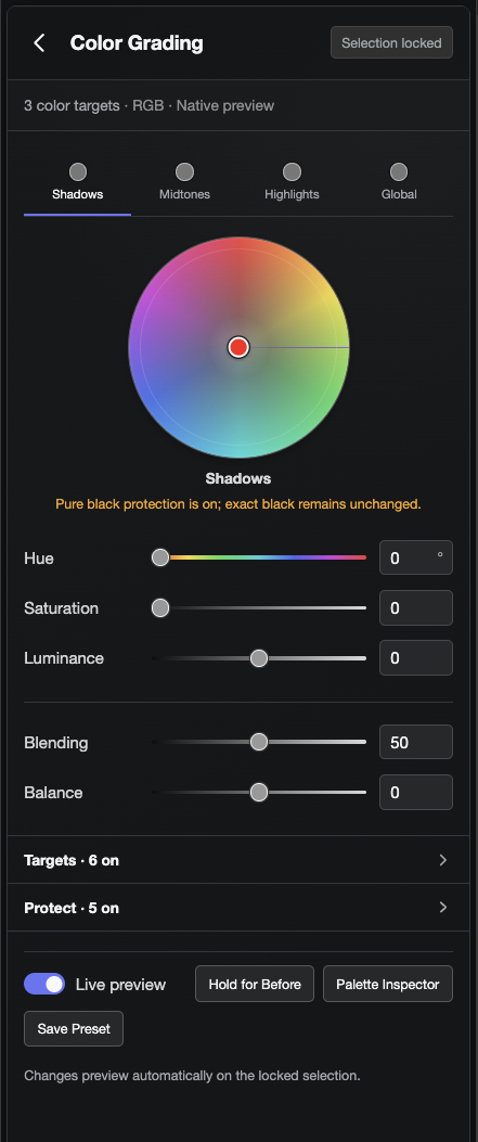 Color Grading tool with a color wheel and tonal controls