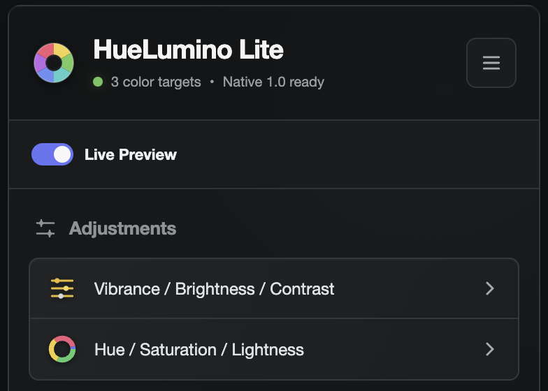 HueLumino Lite panel in Adobe Illustrator showing Live Preview with Vibrance / Brightness / Contrast and Hue / Saturation / Lightness tools