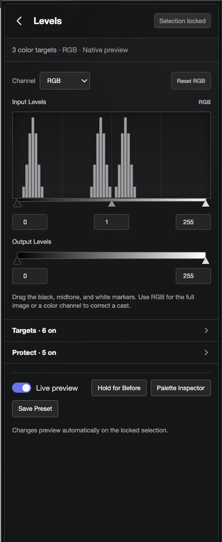 Levels tool with a histogram and input and output controls
