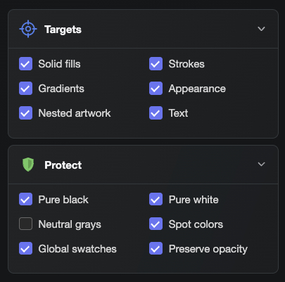 Targets and Protect controls with their available switches